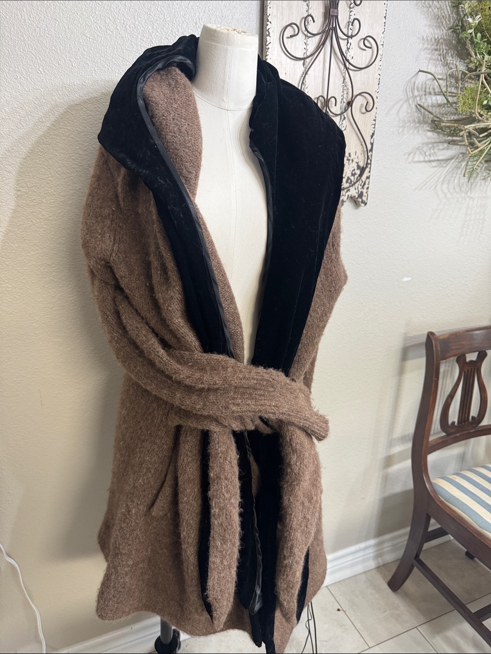 Nicholas K Brown Wrap Coat with Black Trim